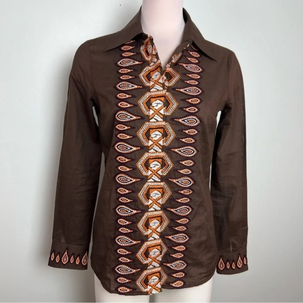 Tory Burch Embroidered Cotton Tunic Blouse Brown Boho Top Women’s Size 4